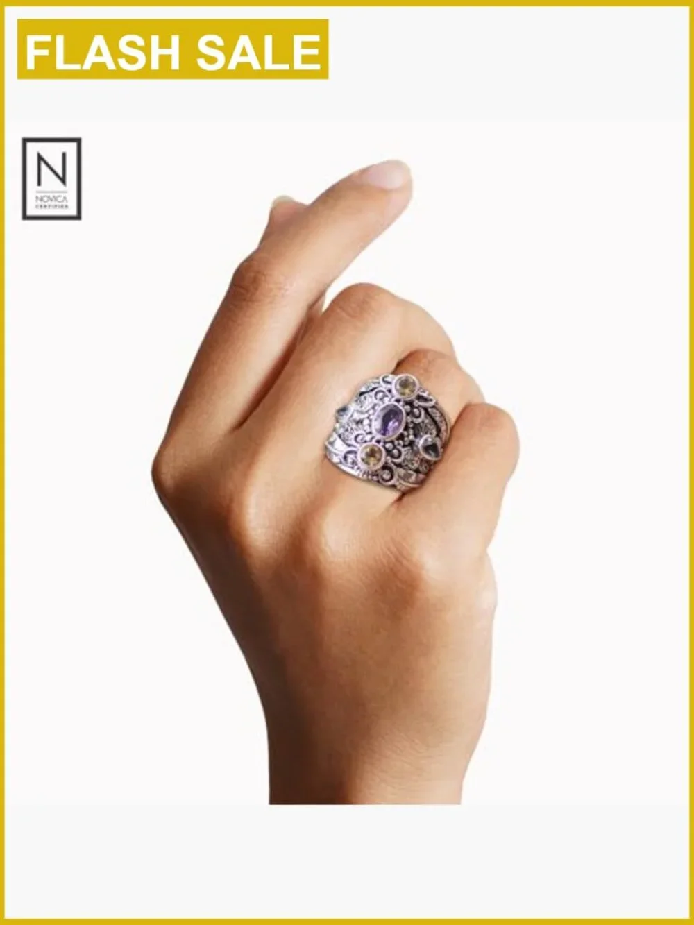 Handcrafted Sterling Silver Butterfly Ring with Amethyst & Topaz